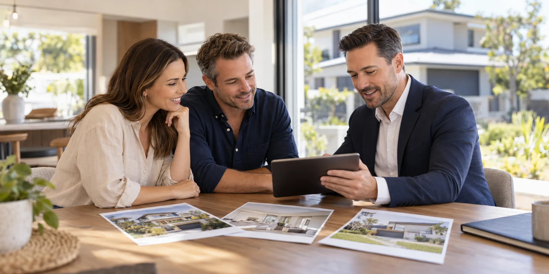 A couple discussing residential property options with an adviser